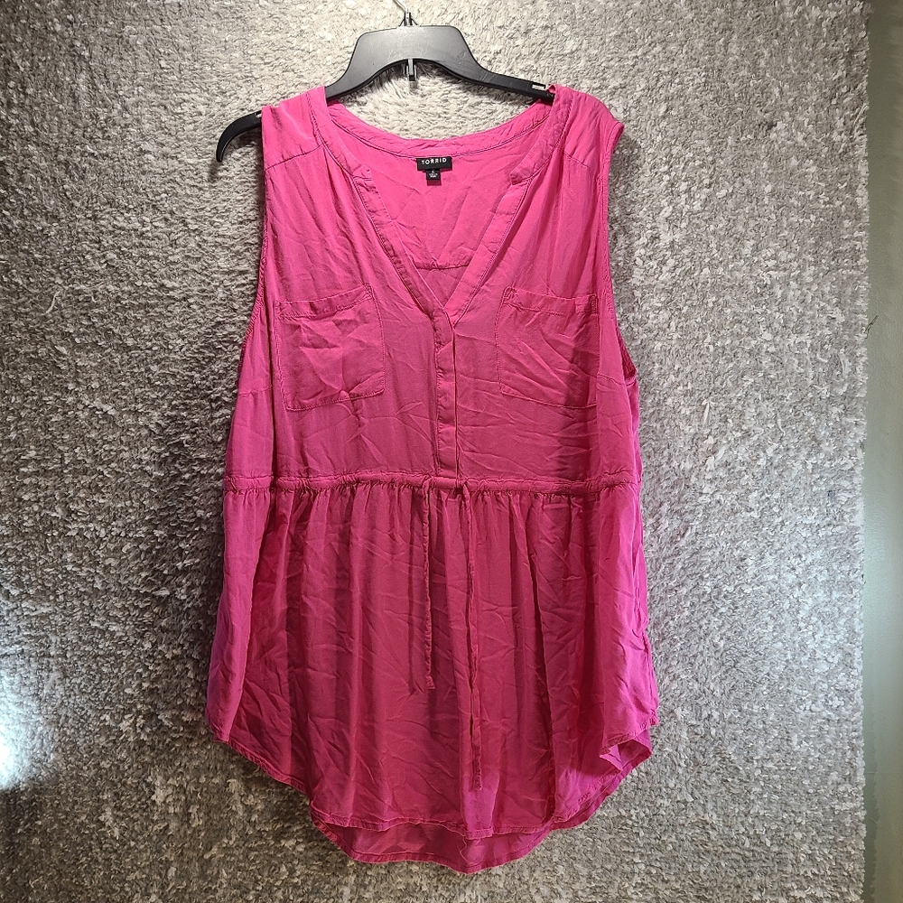 Torrid Womens Shirt 2X Pink Babydoll‎ Poplin Tunic Tank Sleeveless 1/2 Button Up